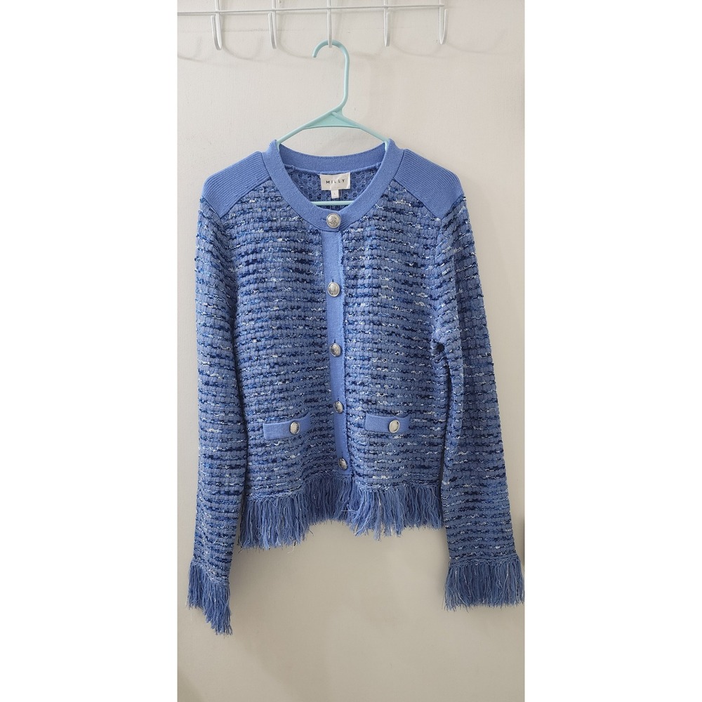 Milly Textured Fringe Cardigan Jacket Blue Tweed Knit Gold Crest Button Large